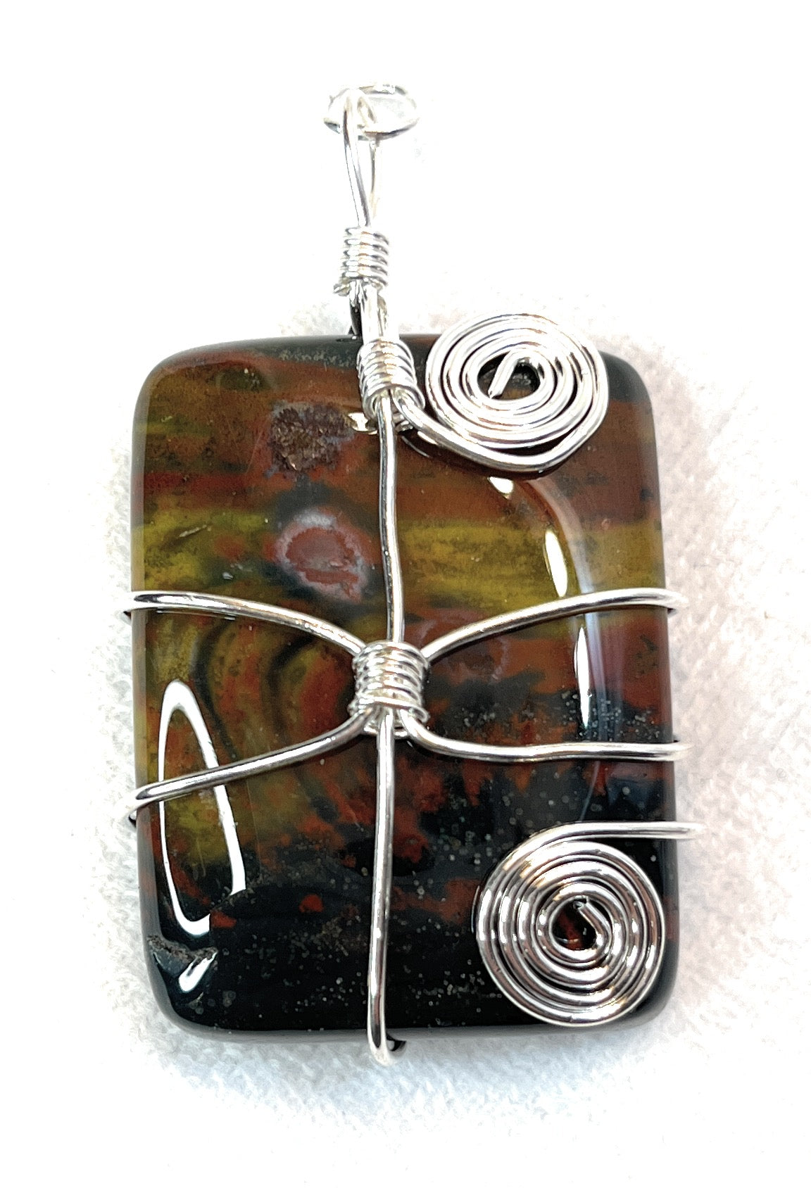 Wire Wrapped Rectangular Gemstone/Crystal Pendant with Swirl wire wrapping - A unique handcrafted crystal piece.