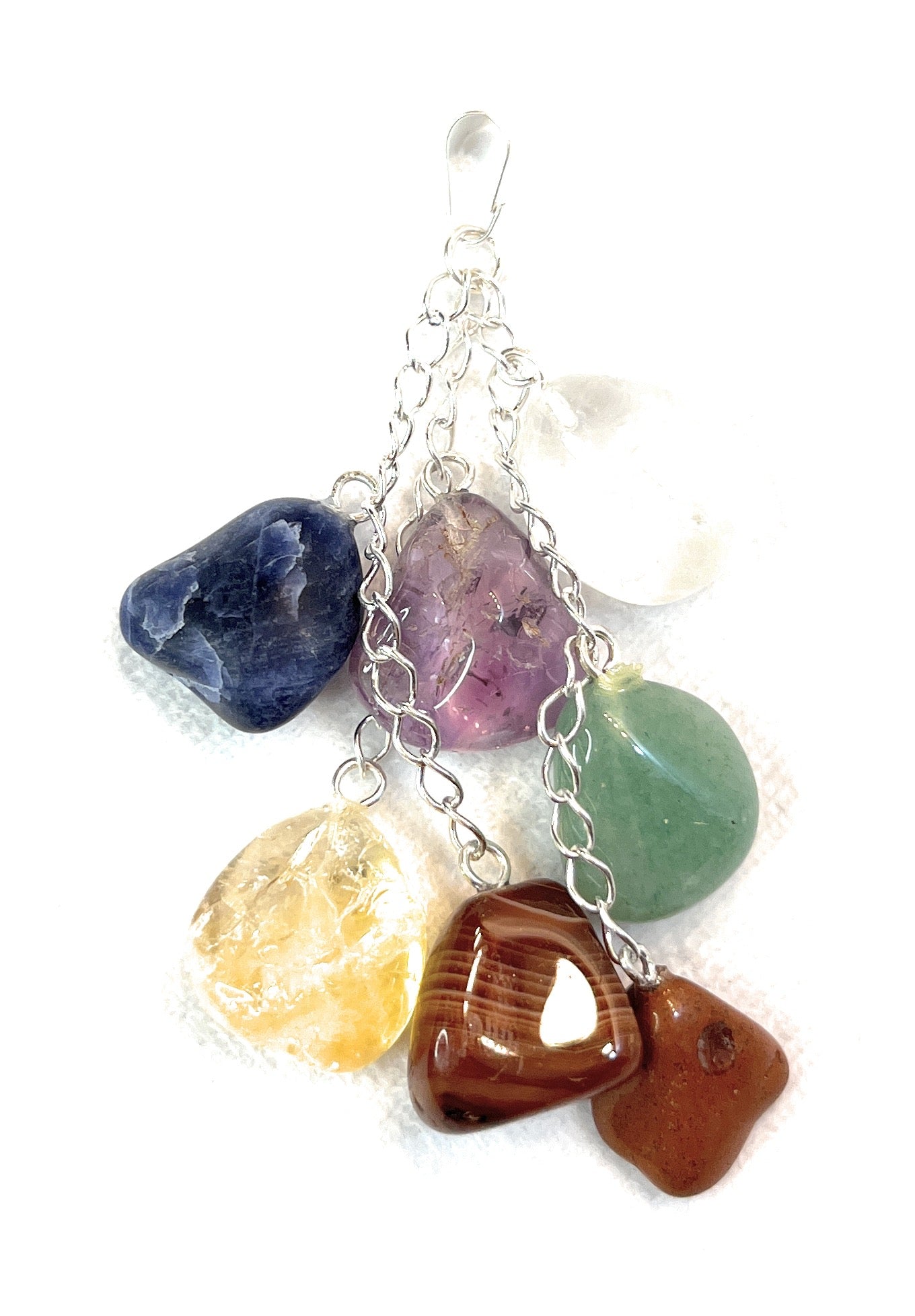 Chakra Pendant with 7 Tumbled Stones to Represent Chakras - Pendant Only - Silver Plated - A unique handcrafted crystal piece.