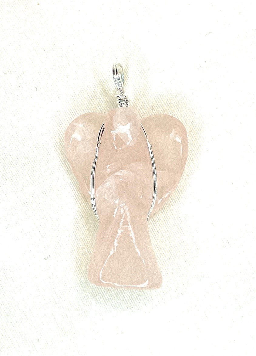 Wire Wrapped Rose Quartz Angel Pendant - A beautiful Rose Quartz crystal known for its rose quartz is the stone of unconditional love.