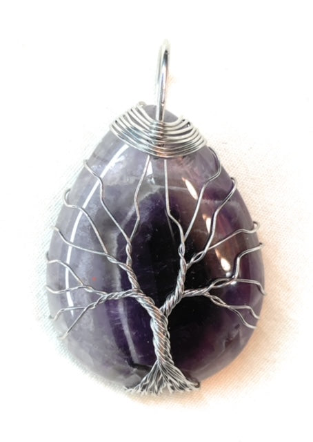 Tree of Life Oval Wire Wrapped Gemstone Pendant - Rose Quartz, Tiger Eye, Howlite, Aventurine, Amethyst, - A beautiful Amethyst crystal known for its amethyst is a powerful stone for spiritual protection and inner peace.