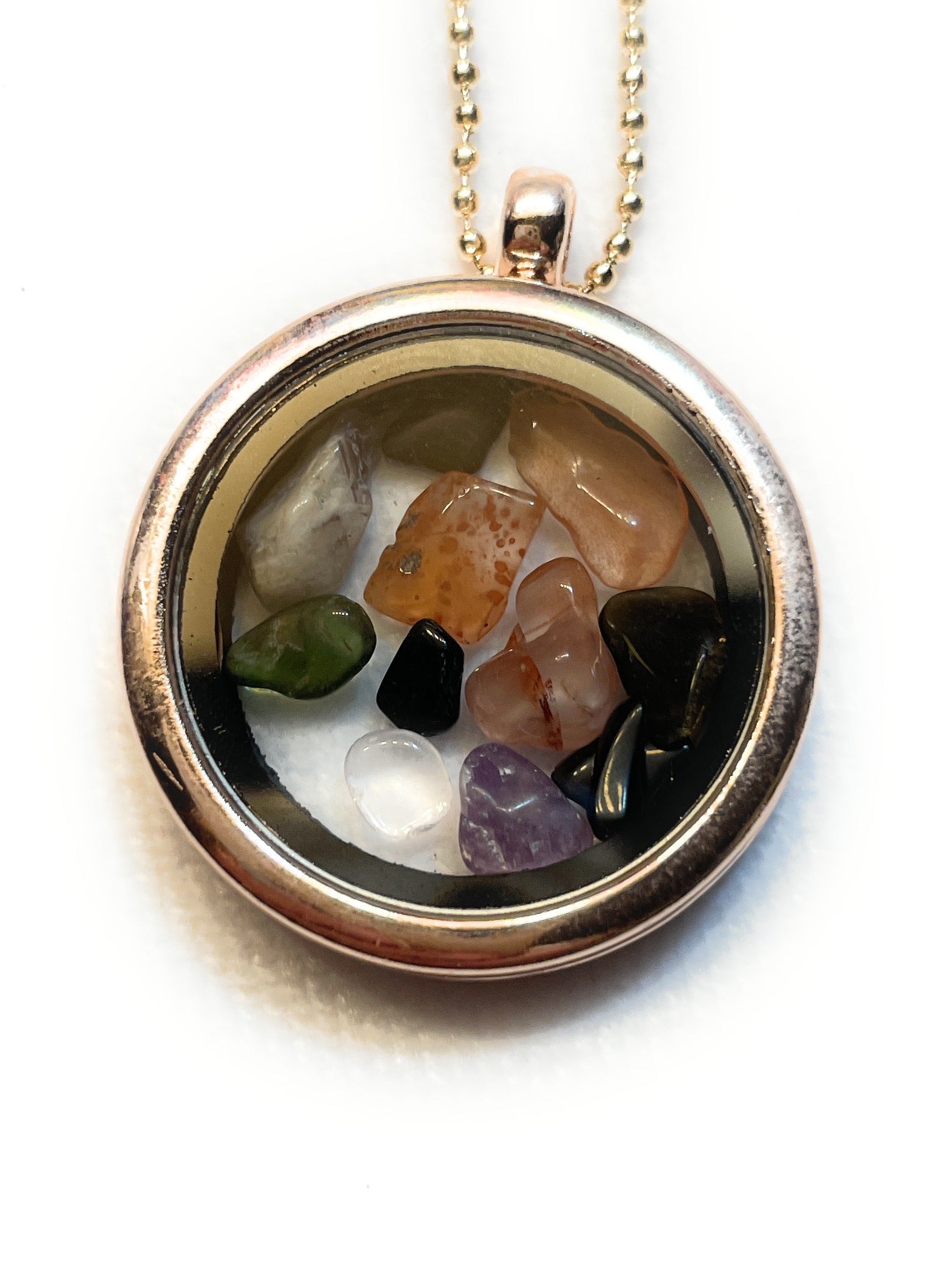 Small Chip Mixed gemstone Crystal Locket Necklace in Gray, Gold, Rose Gold, Silver - A unique handcrafted crystal piece.