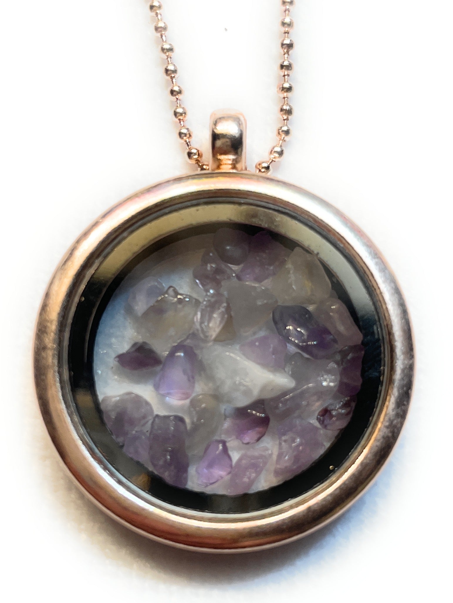 Small Chip Purple Amethyst Locket Necklace in Gray, Gold, Rose Gold, Silver - A beautiful Amethyst crystal known for its amethyst is a powerful stone for spiritual protection and inner peace.