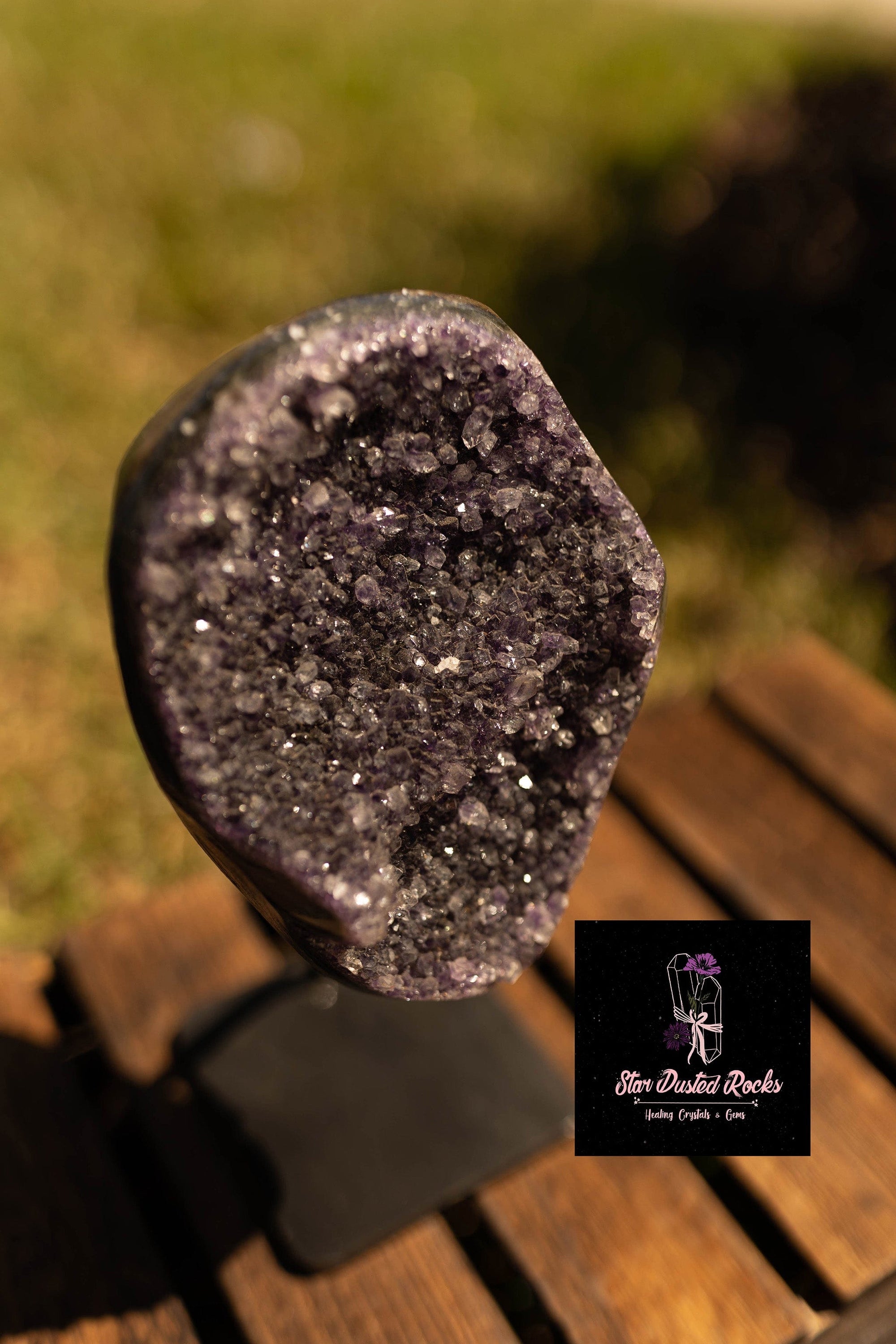 Amethyst Geode on Stand- Yoga Decor - A beautiful Amethyst crystal known for its amethyst is a powerful stone for spiritual protection and inner peace.